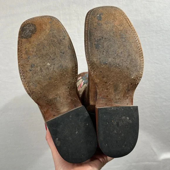 Macie Bean floral brown cowboy boots square toe rose garden leather pink blue - Picture 4 of 11